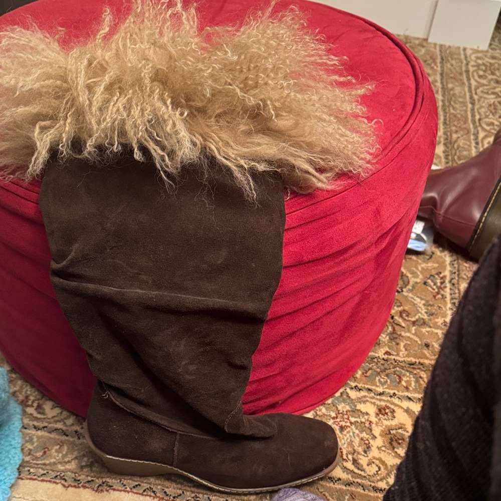 Maxine of Canada Dark Brown Suede Boots with Cream Mongolian sheep trim